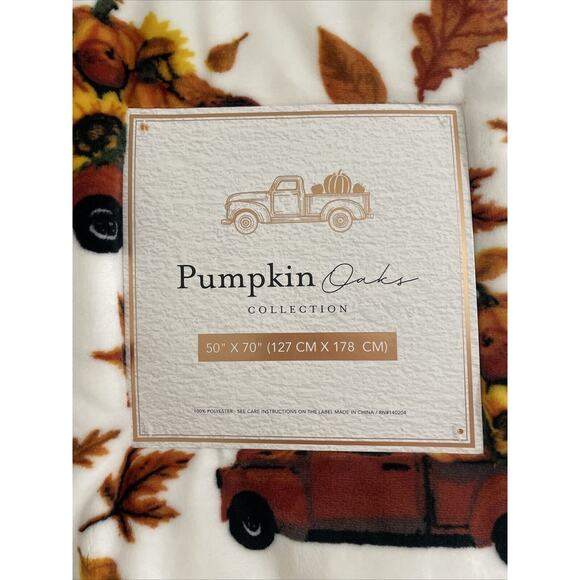 RED VINTAGE TRUCK Pumpkin Oaks Fall Autumn Leaf SUNFLOWERS Plush 50x70” Blanket - Picture 2 of 5